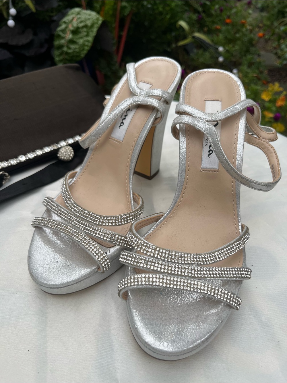 Nina Silver Rhinestone Strappy Block Heels
